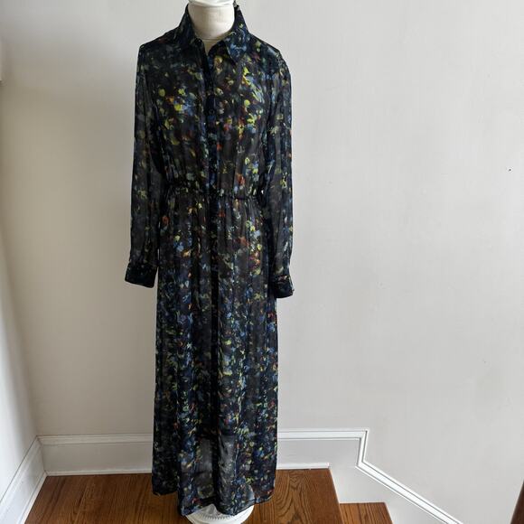 Kensie Black Floral Sheer Overdress Shirt Dress Womens Small Artsy Boho Feminine - Picture 1 of 14